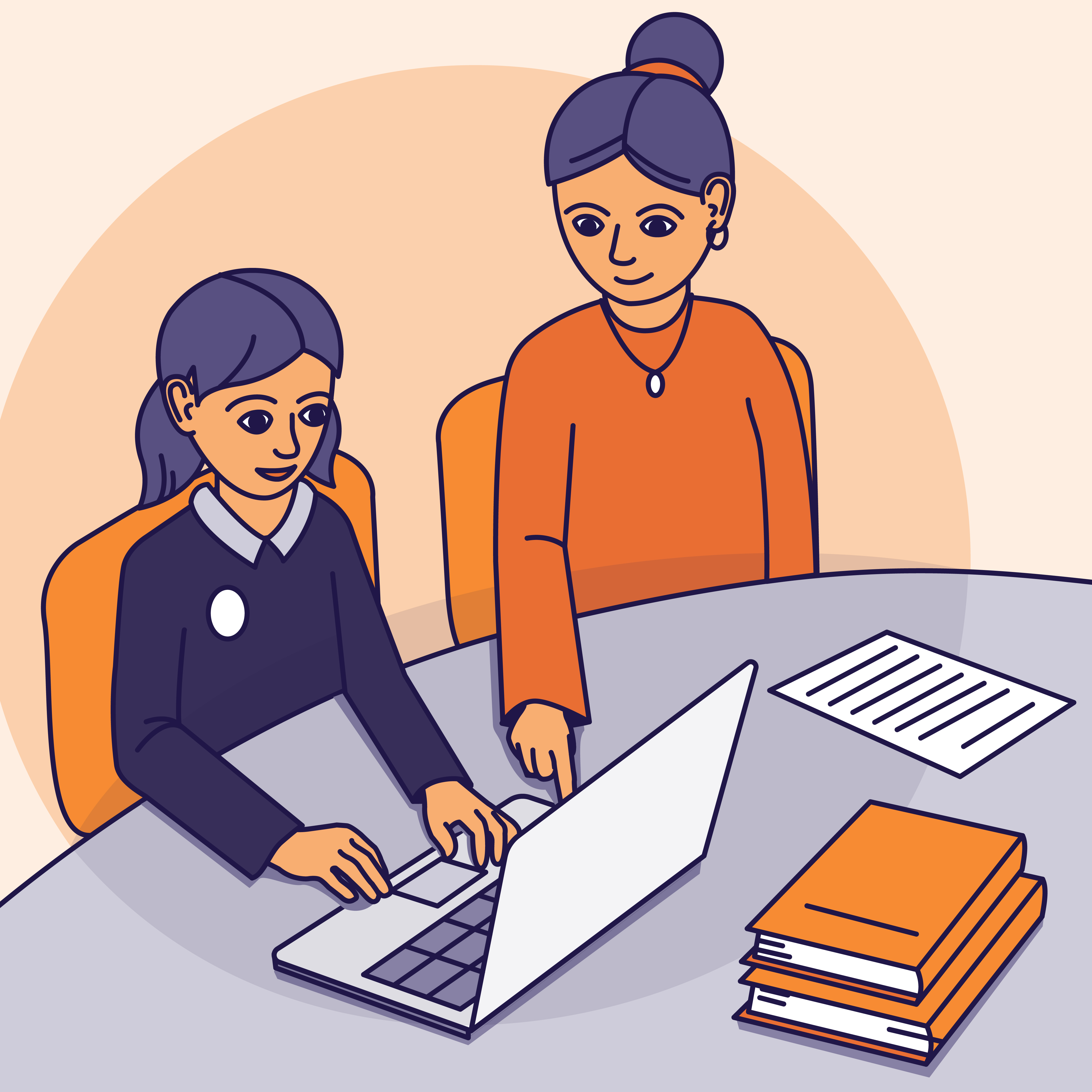 An illustration of 2 people sitting at a desk. One is a child and one is an adult. The adult is helping the child with the work on their laptop.