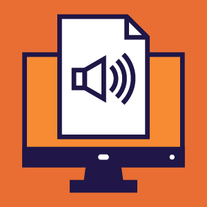 Document icon with an audio speaker, in front of a computer icon