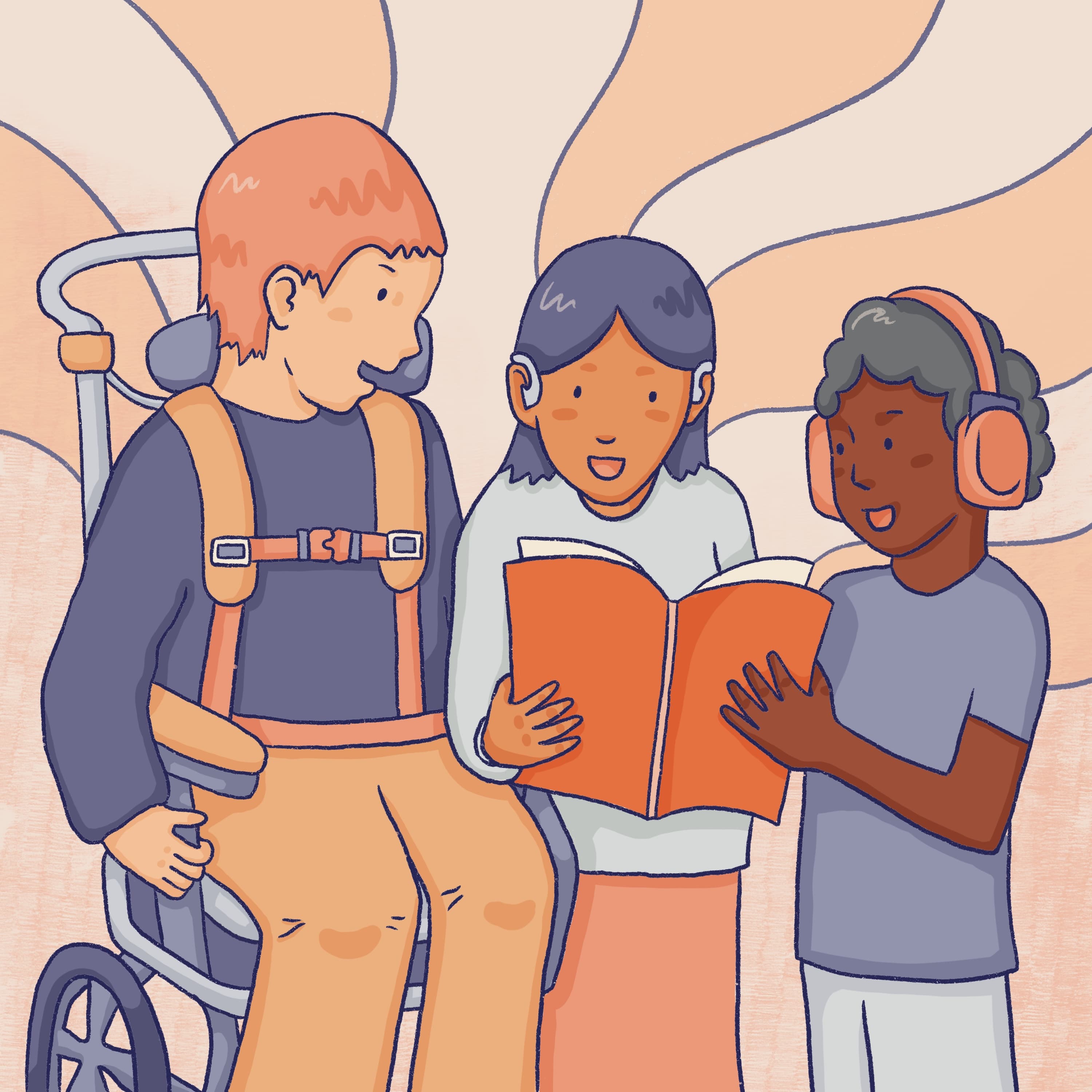 An illustration of 3 children reading a book together. One child is in a wheelchair, one child is wearing hearing aids and one child is wearing headphones. 