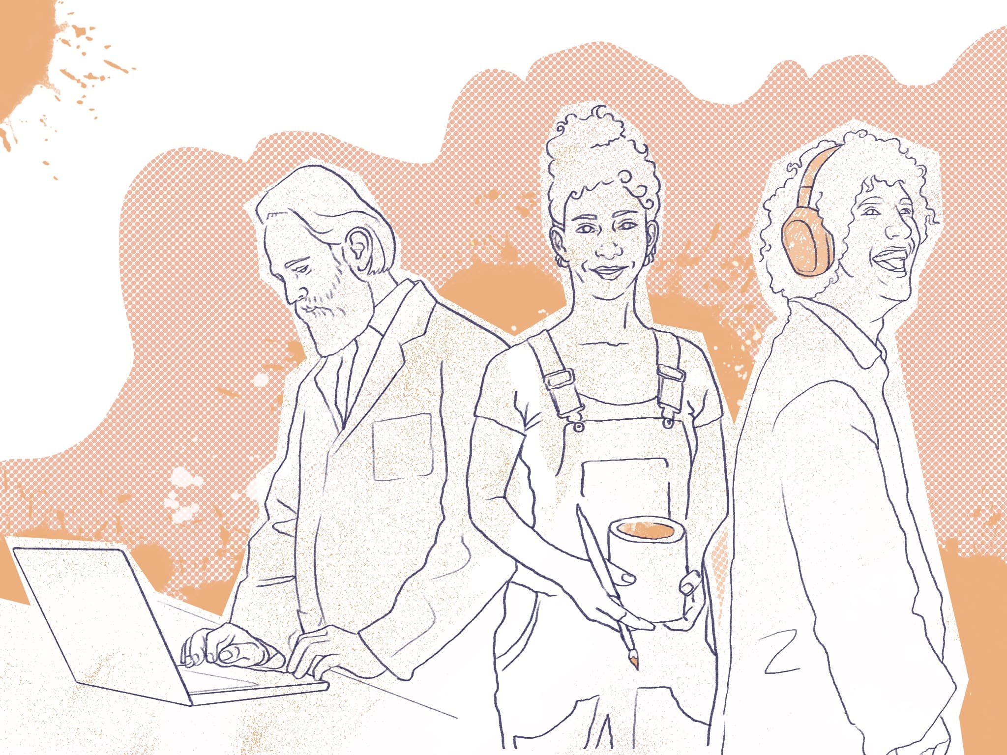 An illustration of 3 people standing. One is wearing a lab coat and working on a laptop. One is wearing overalls and holding a paintbrush. One is wearing headphones and smiling broadly.