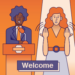 An illustration of two people standing side by side. One is a speaker. They are standing in front of a lectern with a microphone. The other is an Auslan interpreter. They ae signing the word ‘Welcome’.