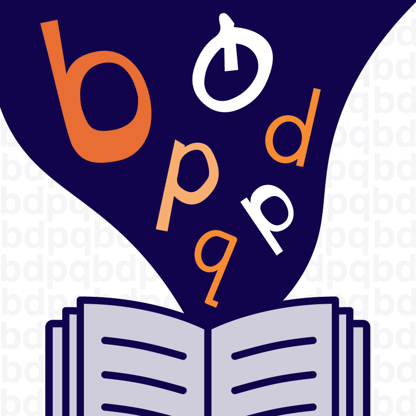An illustration that shows the letters b p d and q floating out of an open book