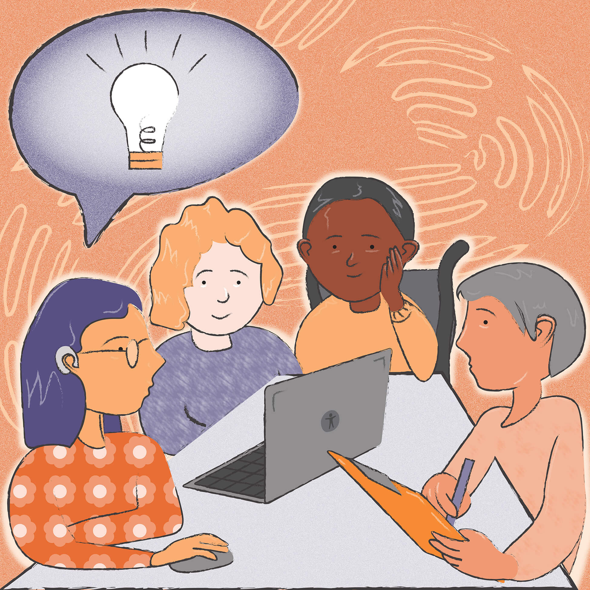 An illustration of a group of 4 people sitting at a table. 3 people are looking at a laptop and one person is taking notes. There is a thought bubble above them with a lightbulb in it.