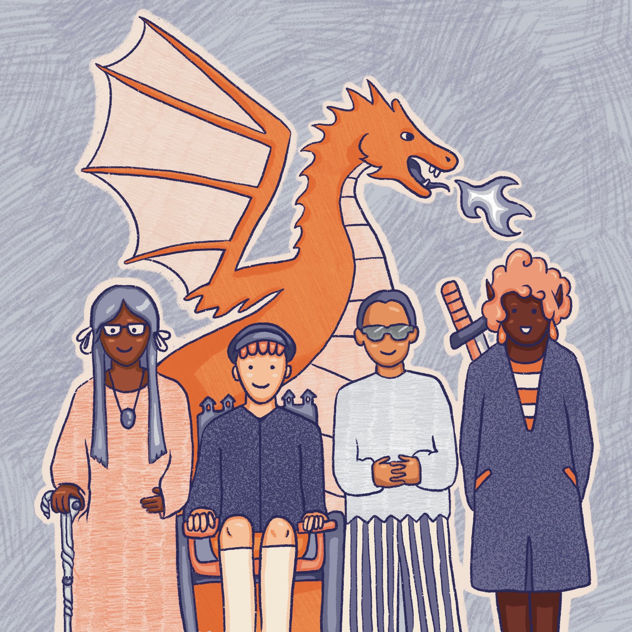A dragon breathing fire behind a group of 4 people. The person on the left is holding a walking stick, the next person is in a wheelchair. The third person is wearing dark glasses and the person on the right has a sword strapped to their back.