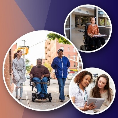 There are three circles that have different images in them. One is of a woman in a wheelchair. Another is of three people talking, one of them in a wheelchair. The third shows two women looking at a tablet together.