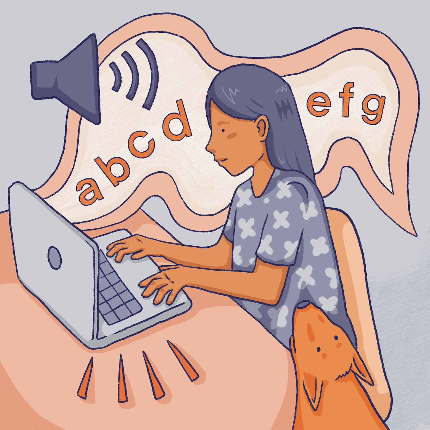 An illustration of a person using a laptop. There is an audio icon with the letters 'A B C D E F G' coming out of the laptop. There is a cute dog next to them.